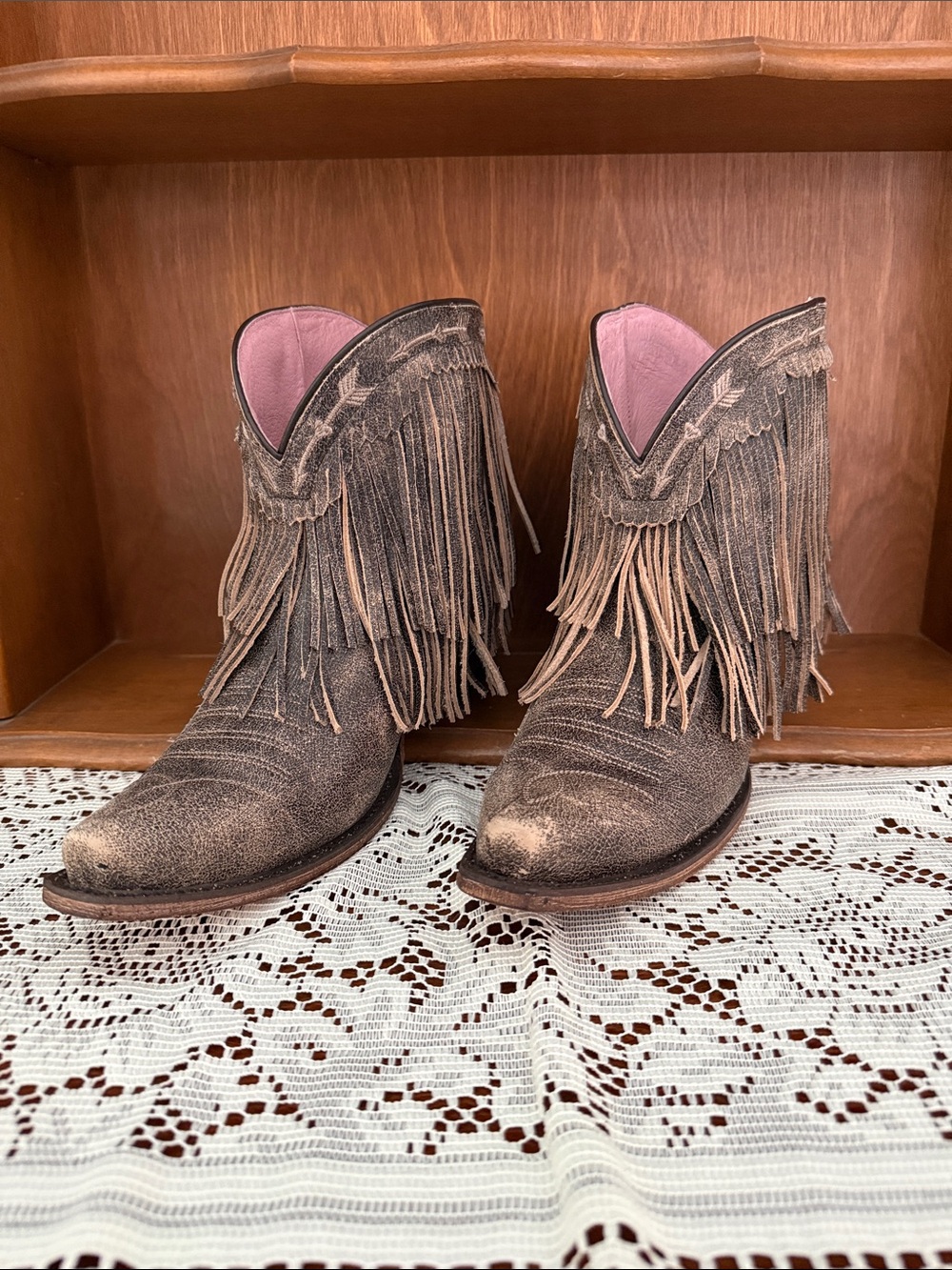Fringed Brown Women's Western Ankle Boots - Stylish Fringe Detail
